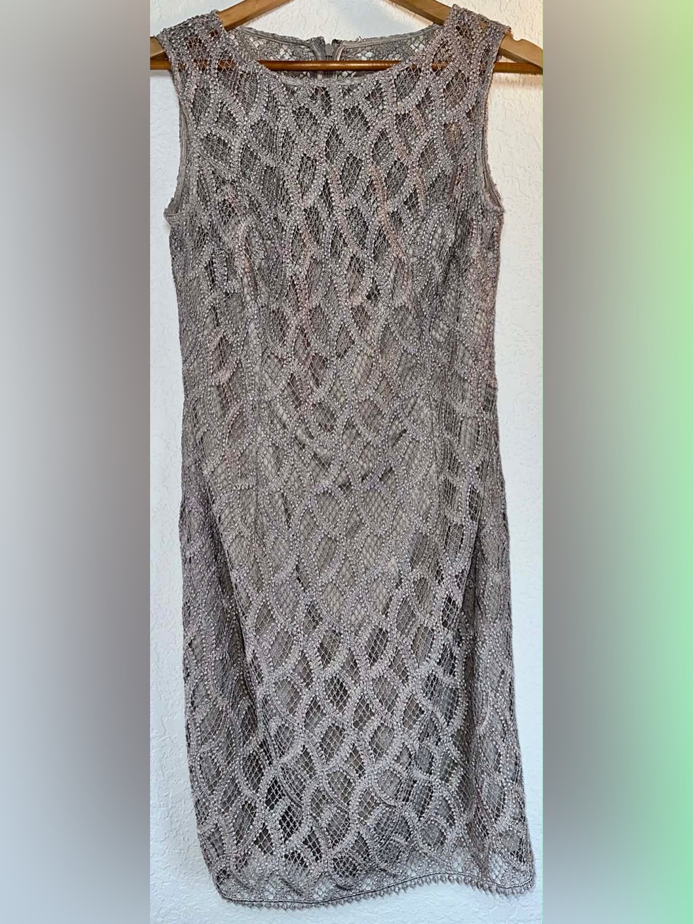 Vince Camuto Sleeveless Silver-Taupe Lace Midi Dress